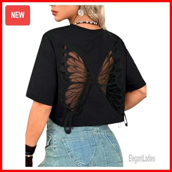 Gothic Butterfly Emo Crop Top, Soft Polyester, Regular Fit, Short Sleeve - Picture 3 of 7